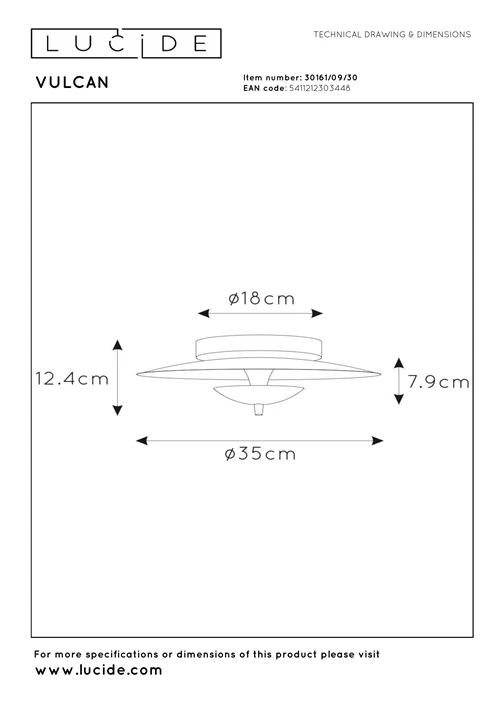 Lucide VULCAN - Plafonnier - Ø 35 cm - LED Dim. - 1x9W 3000K - Noir - technique